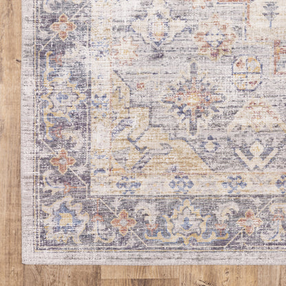8 x 10 Blue Gold Grey Orange Yellow & Purple Oriental Power Loom Stain Resistant Rug