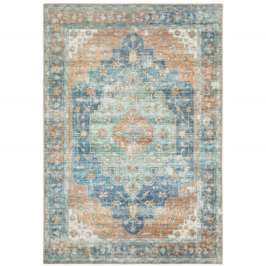 8 x 10 Orange Blue Teal Green & Beige Oriental Power Loom Stain Resistant Rug