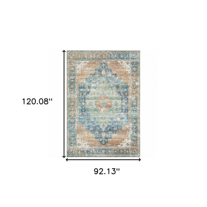 8 x 10 Orange Blue Teal Green & Beige Oriental Power Loom Stain Resistant Rug