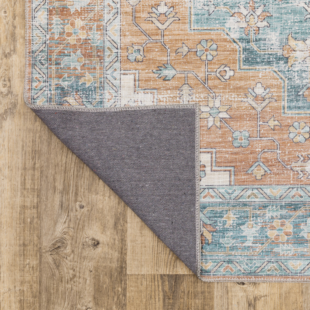 8 x 10 Orange Blue Teal Green & Beige Oriental Power Loom Stain Resistant Rug