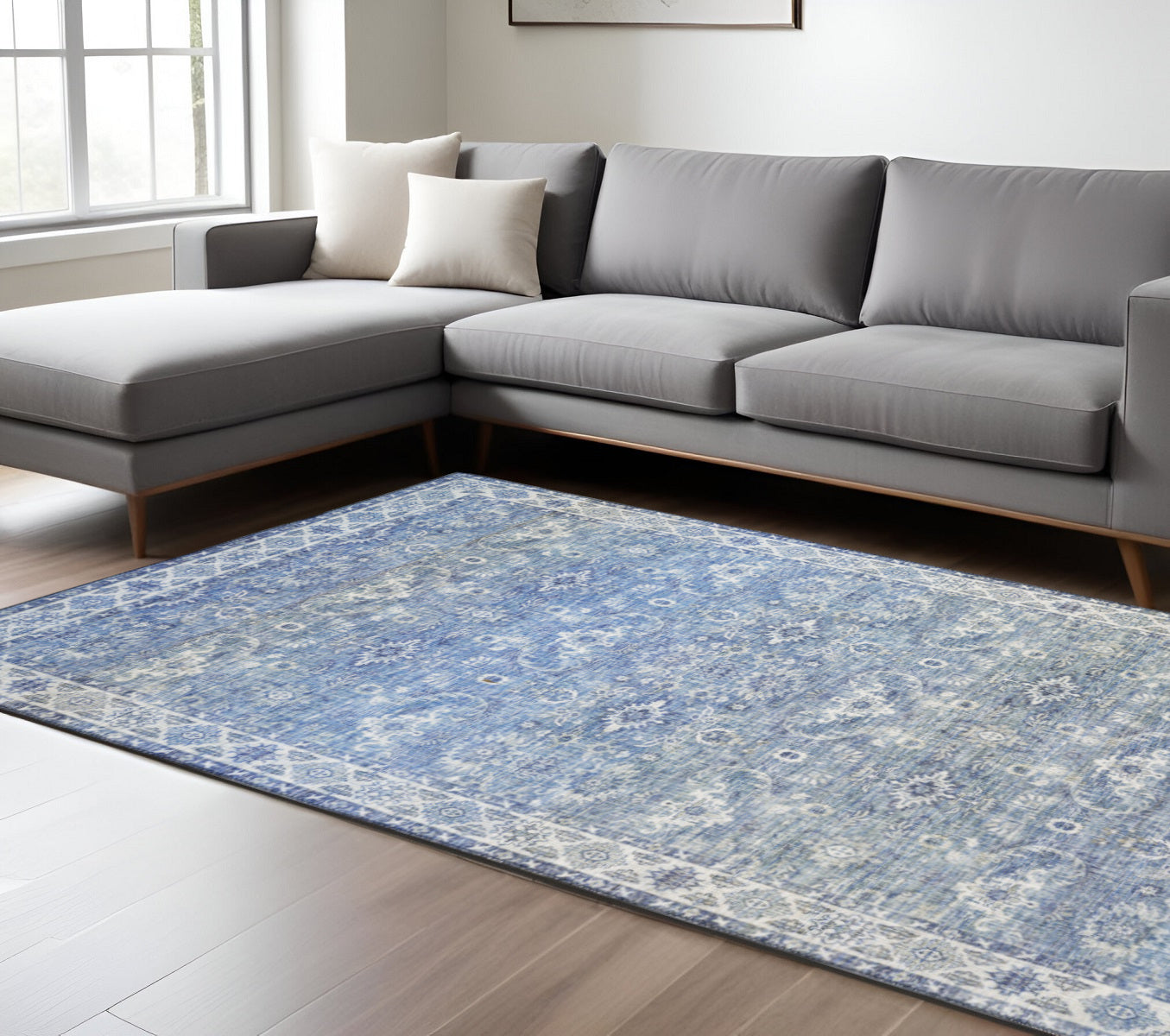 8 x 10 Blue & Grey Oriental Power Loom Stain Resistant Rug