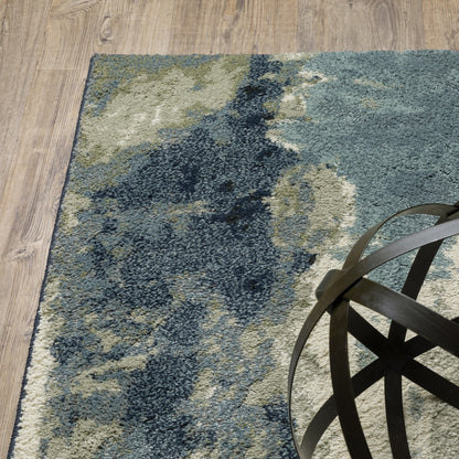 10 x 13 Blue Light Blue Grey Sage Beige & Ivory Power Loom Stain Resistant Rug