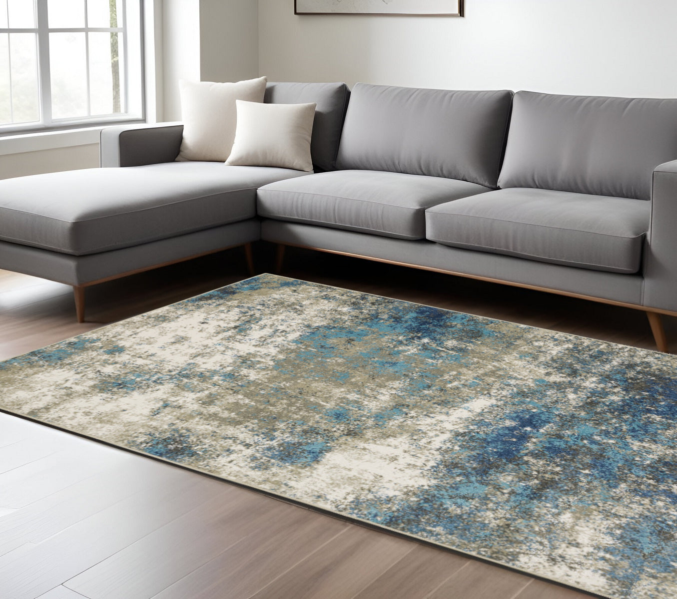 8 x 10 Blue Grey & Beige Power Loom Stain Resistant Rug