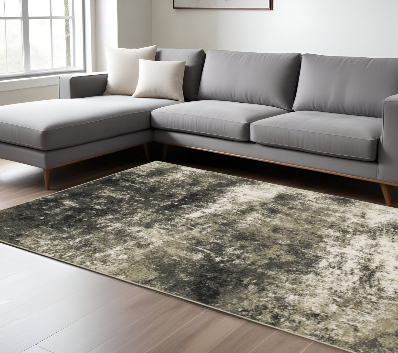 10 x 13 Charcoal Grey & Beige Power Loom Stain Resistant Rug