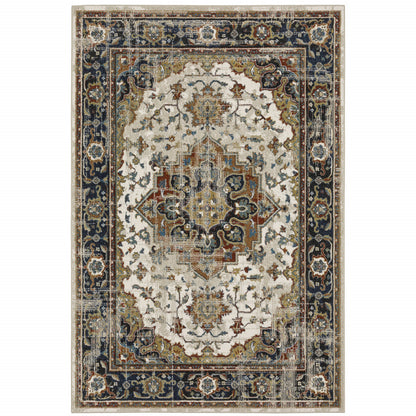 10 x 13 Beige Blue Green Rust & Grey Oriental Power Loom Stain Resistant Rug