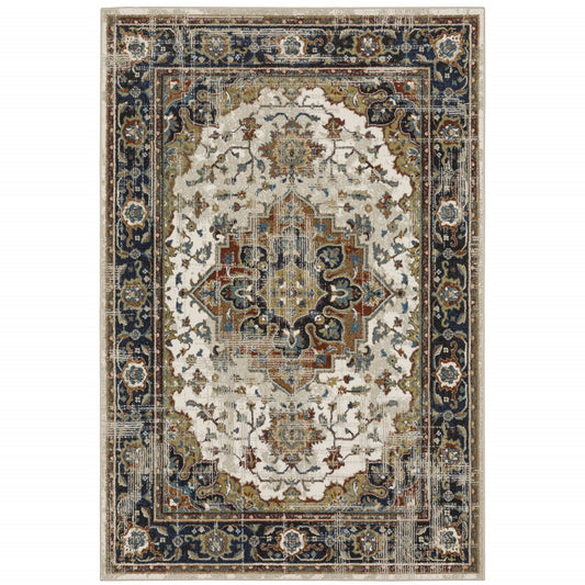 10 x 13 Beige Blue Green Rust & Grey Oriental Power Loom Stain Resistant Rug