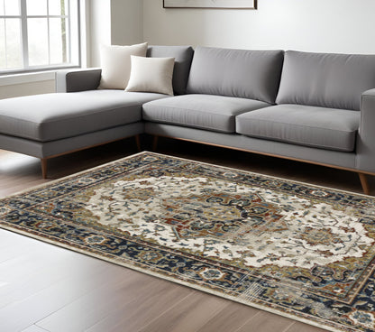 10 x 13 Beige Blue Green Rust & Grey Oriental Power Loom Stain Resistant Rug
