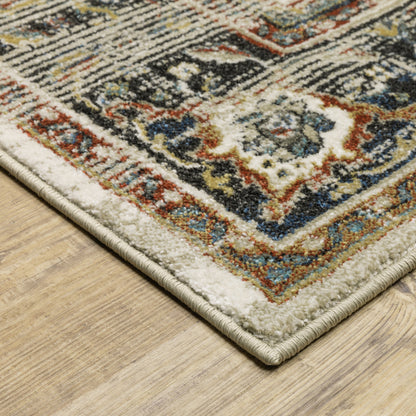 10 x 13 Beige Blue Green Rust & Grey Oriental Power Loom Stain Resistant Rug