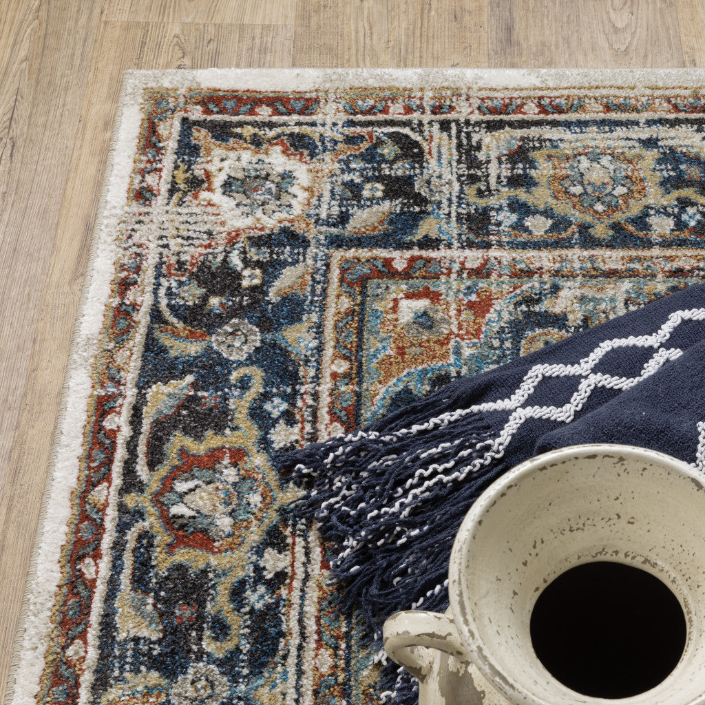 10 x 13 Beige Blue Green Rust & Grey Oriental Power Loom Stain Resistant Rug
