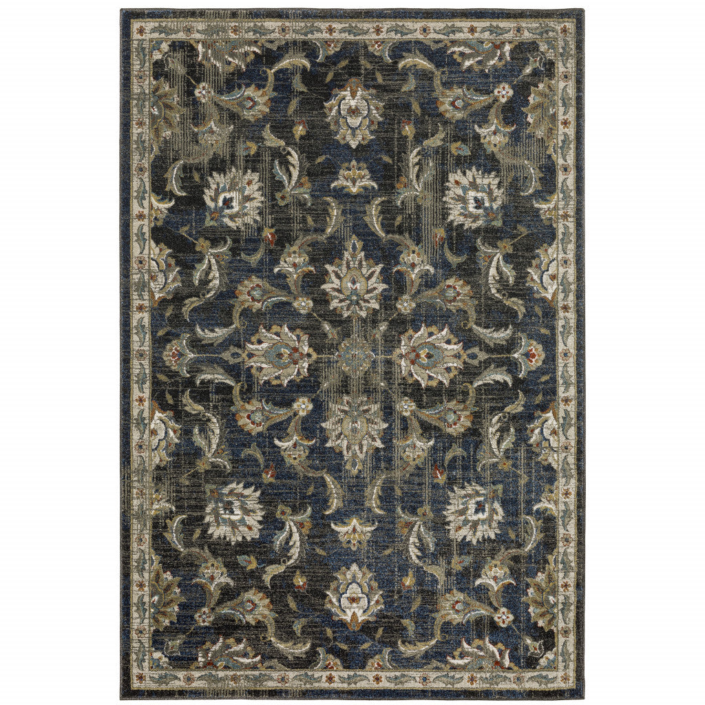 10 x 13 Charcoal Blue Gold Rust & Beige Oriental Power Loom Stain Resistant Rug