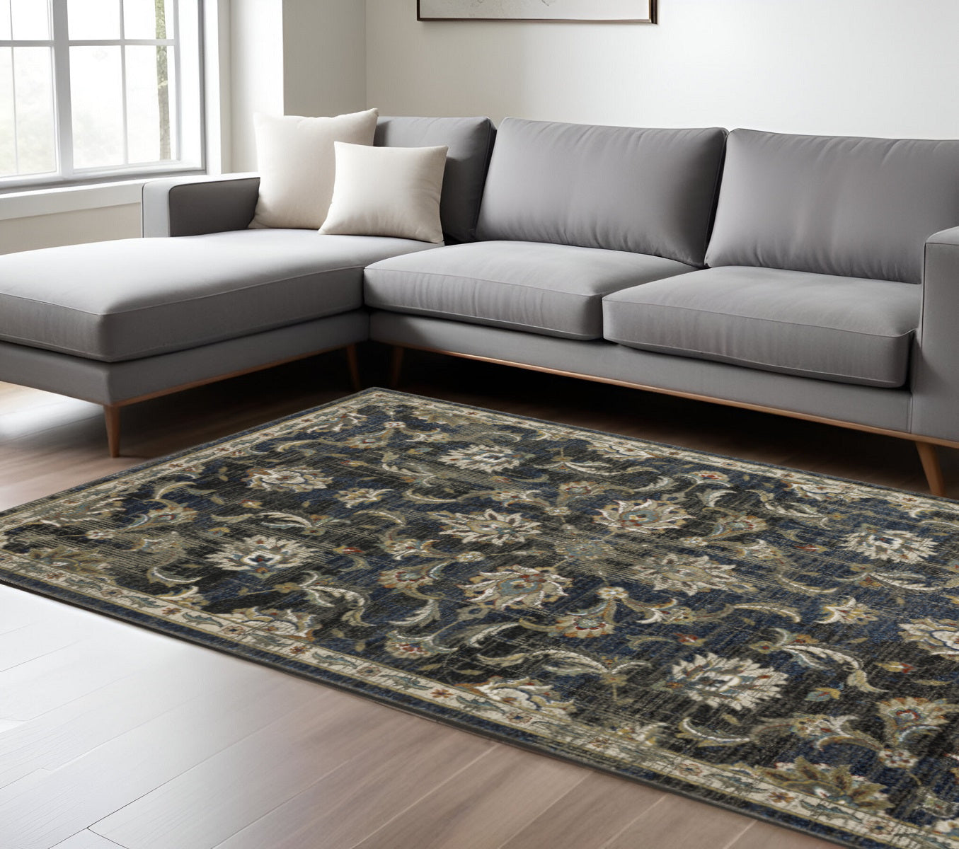 10 x 13 Charcoal Blue Gold Rust & Beige Oriental Power Loom Stain Resistant Rug