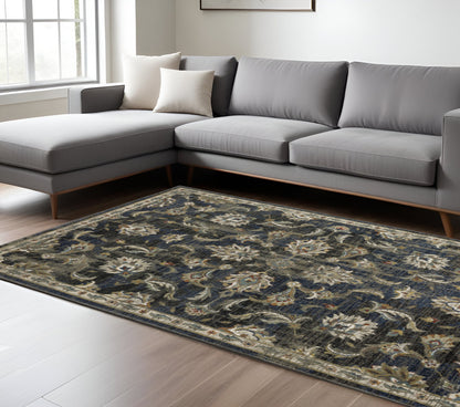 10 x 13 Charcoal Blue Gold Rust & Beige Oriental Power Loom Stain Resistant Rug