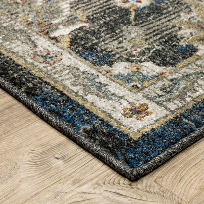 10 x 13 Charcoal Blue Gold Rust & Beige Oriental Power Loom Stain Resistant Rug