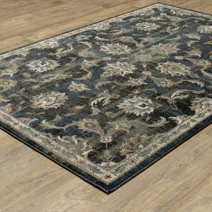 10 x 13 Charcoal Blue Gold Rust & Beige Oriental Power Loom Stain Resistant Rug