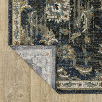 10 x 13 Charcoal Blue Gold Rust & Beige Oriental Power Loom Stain Resistant Rug
