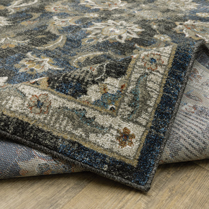 10 x 13 Charcoal Blue Gold Rust & Beige Oriental Power Loom Stain Resistant Rug