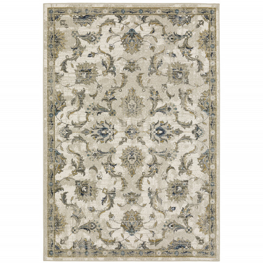 10 x 13 Beige Gold Blue & Grey Oriental Power Loom Stain Resistant Rug