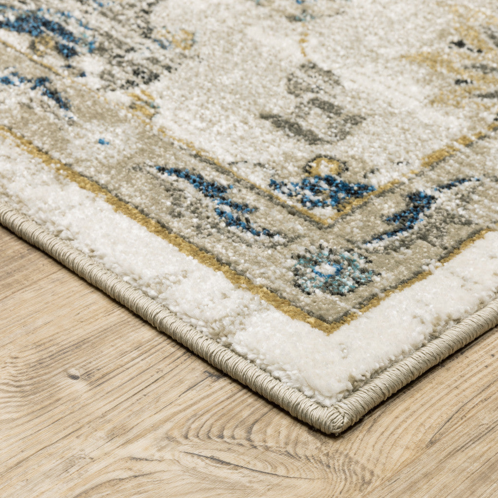 10 x 13 Beige Gold Blue & Grey Oriental Power Loom Stain Resistant Rug