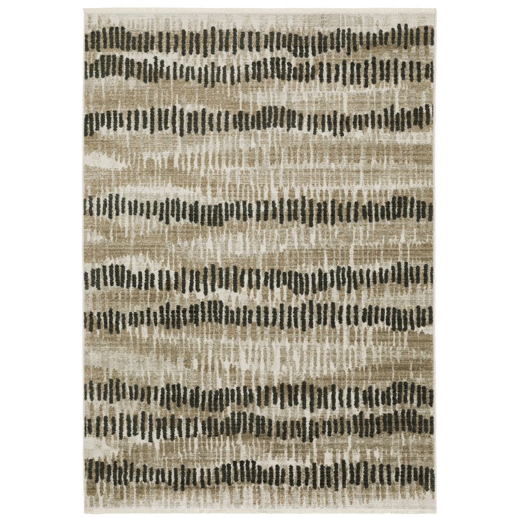 10 x 13 Beige Ivory Charcoal Brown Tan & Grey Power Loom Stain Resistant Rug With Fringe