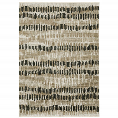 10 x 13 Beige Ivory Charcoal Brown Tan & Grey Power Loom Stain Resistant Rug With Fringe