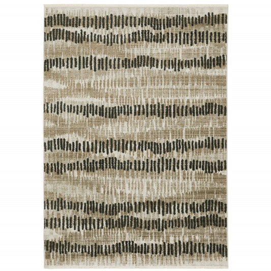 10 x 13 Beige Ivory Charcoal Brown Tan & Grey Power Loom Stain Resistant Rug With Fringe