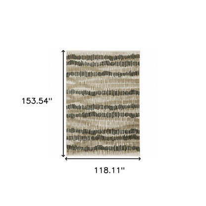 10 x 13 Beige Ivory Charcoal Brown Tan & Grey Power Loom Stain Resistant Rug With Fringe