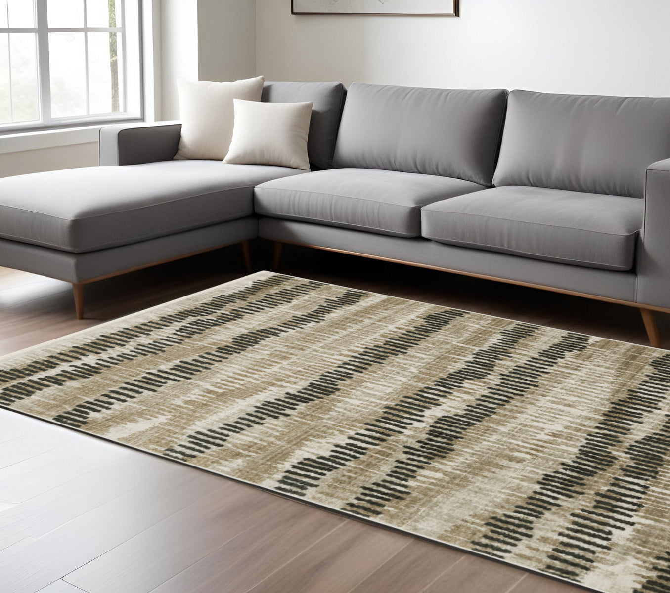 10 x 13 Beige Ivory Charcoal Brown Tan & Grey Power Loom Stain Resistant Rug With Fringe