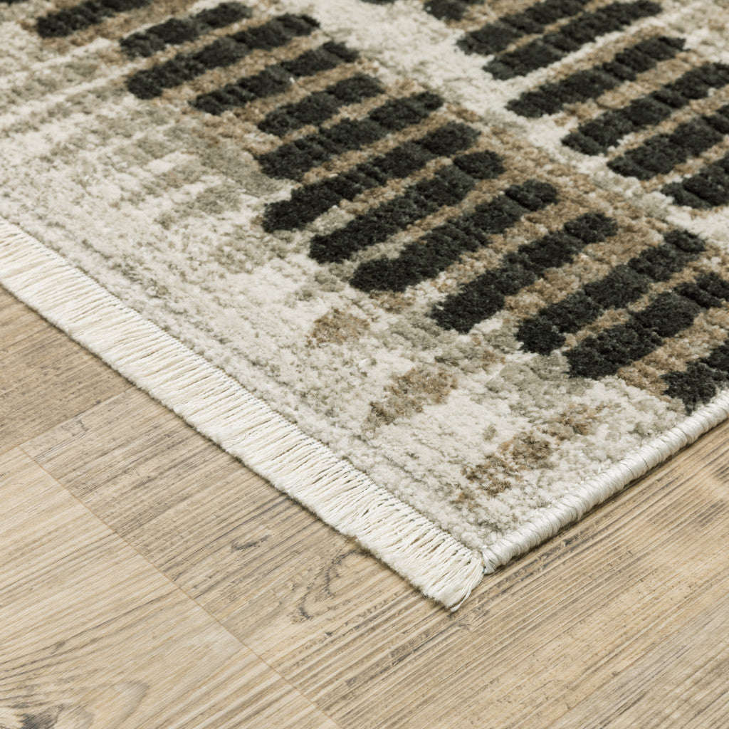 10 x 13 Beige Ivory Charcoal Brown Tan & Grey Power Loom Stain Resistant Rug With Fringe