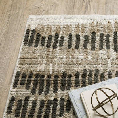 10 x 13 Beige Ivory Charcoal Brown Tan & Grey Power Loom Stain Resistant Rug With Fringe