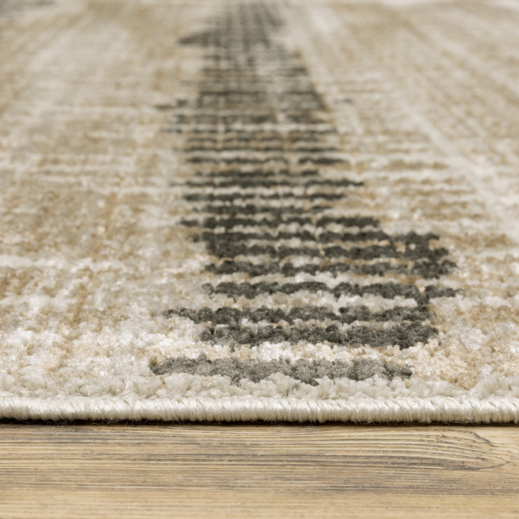 10 x 13 Beige Ivory Charcoal Brown Tan & Grey Power Loom Stain Resistant Rug With Fringe