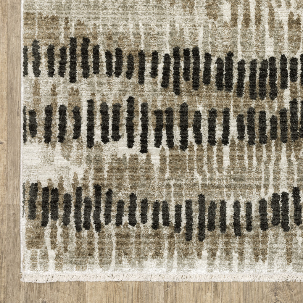 10 x 13 Beige Ivory Charcoal Brown Tan & Grey Power Loom Stain Resistant Rug With Fringe