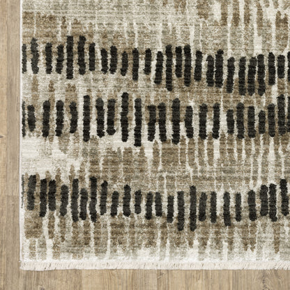 10 x 13 Beige Ivory Charcoal Brown Tan & Grey Power Loom Stain Resistant Rug With Fringe