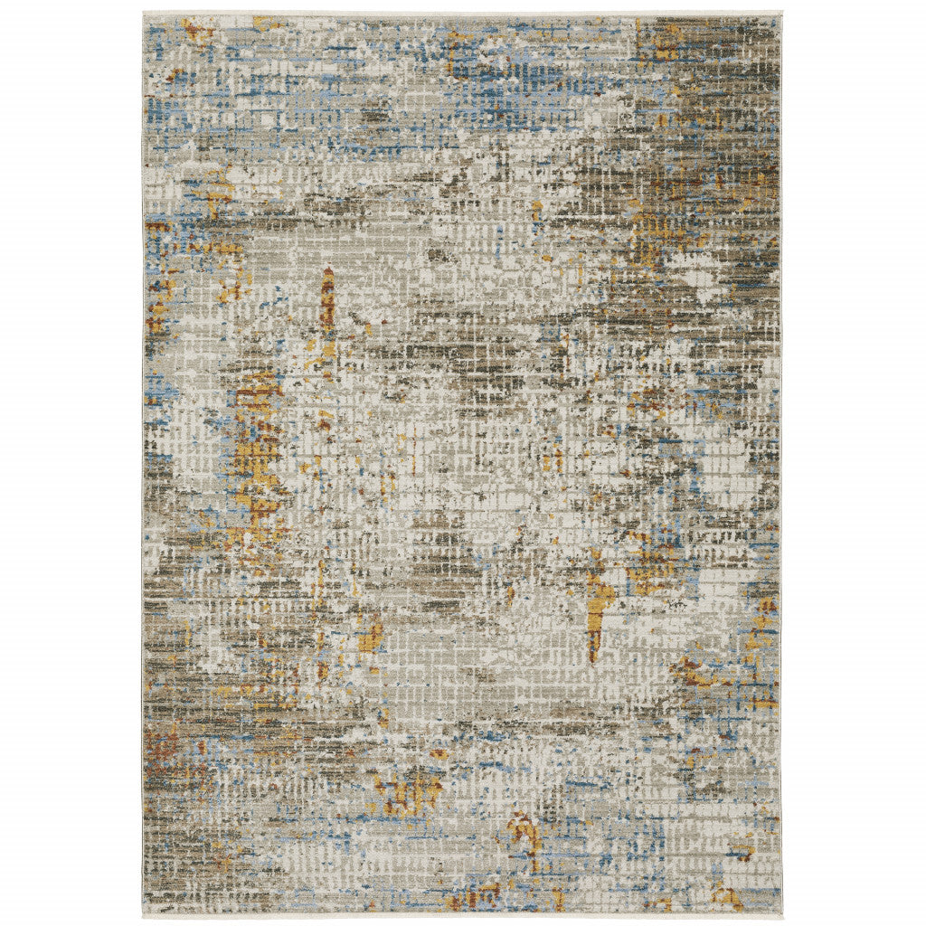 10 x 13 Beige Grey Brown Gold Red & Blue Power Loom Stain Resistant Rug With Fringe
