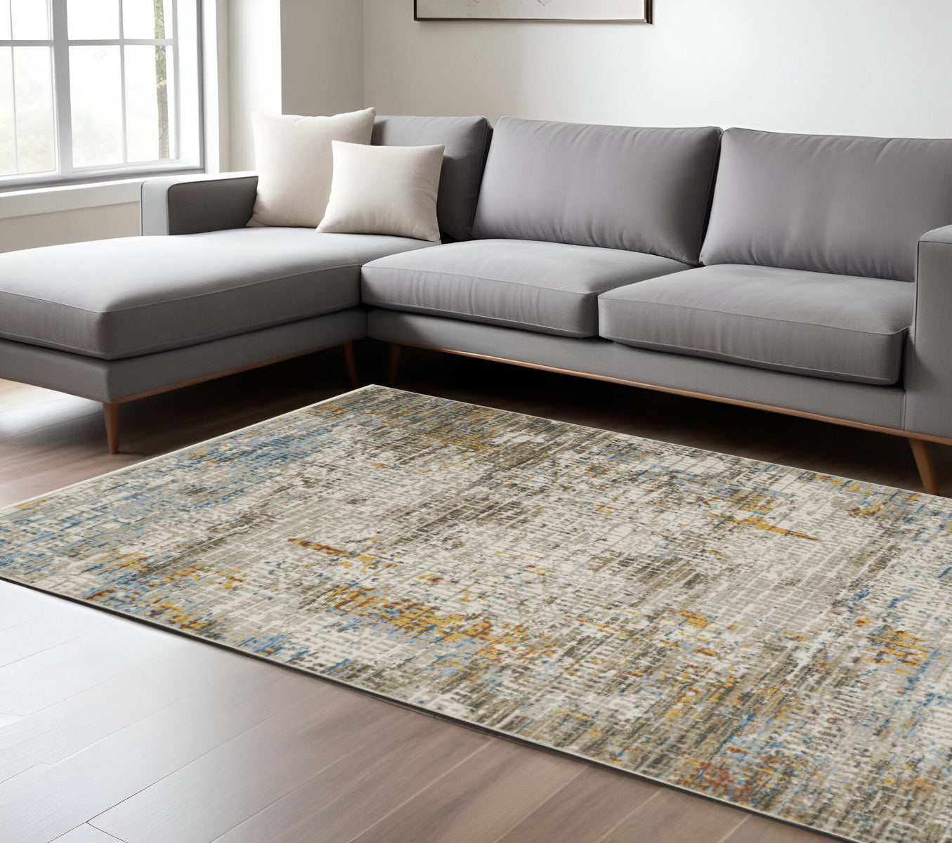 10 x 13 Beige Grey Brown Gold Red & Blue Power Loom Stain Resistant Rug With Fringe