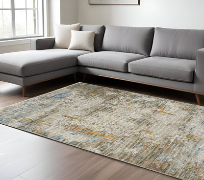 10 x 13 Beige Grey Brown Gold Red & Blue Power Loom Stain Resistant Rug With Fringe