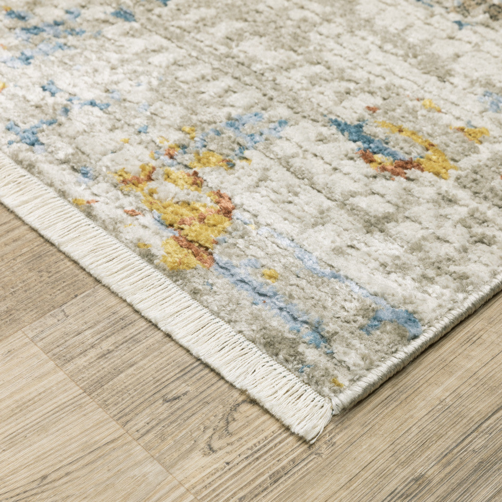 10 x 13 Beige Grey Brown Gold Red & Blue Power Loom Stain Resistant Rug With Fringe