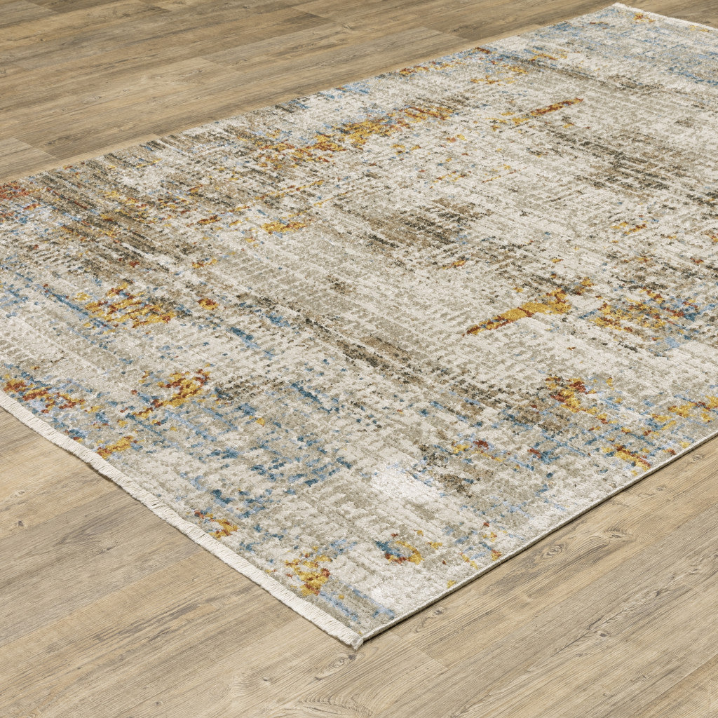 10 x 13 Beige Grey Brown Gold Red & Blue Power Loom Stain Resistant Rug With Fringe
