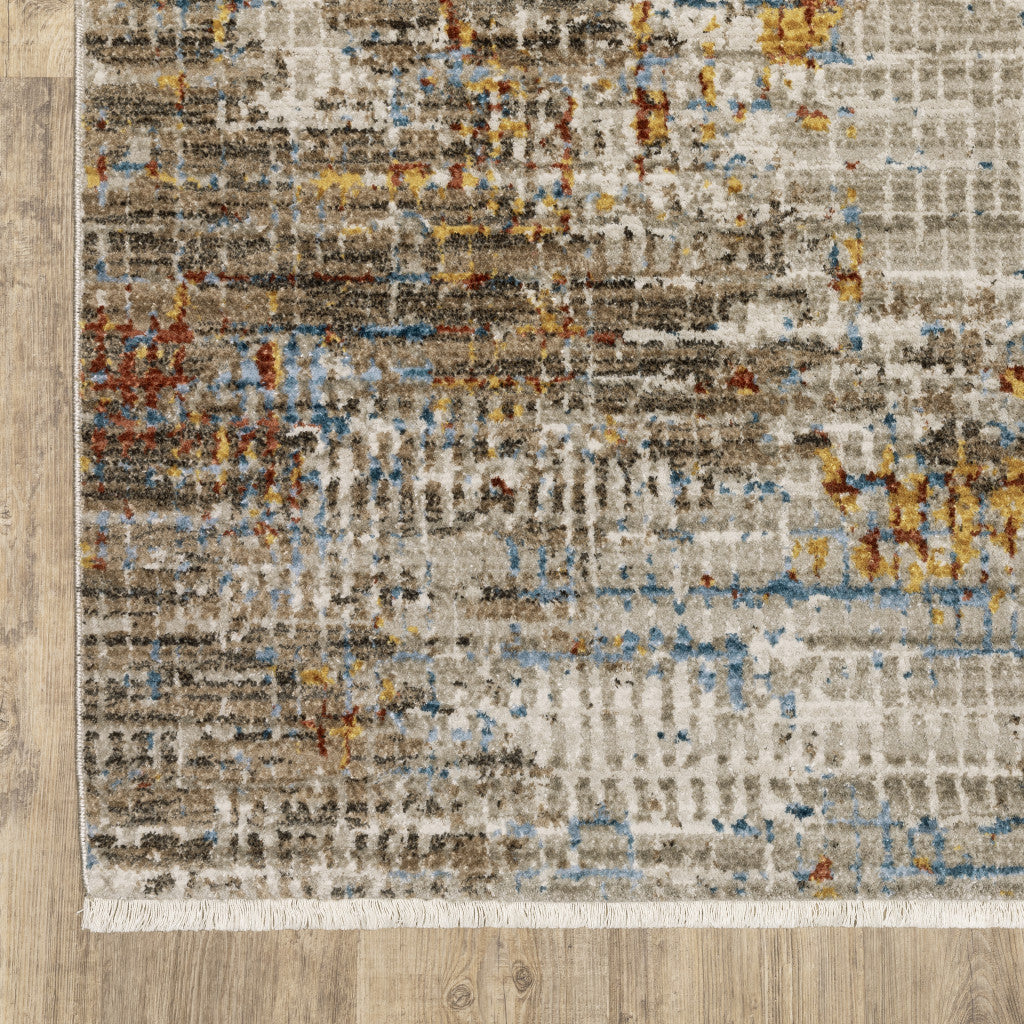 10 x 13 Beige Grey Brown Gold Red & Blue Power Loom Stain Resistant Rug With Fringe