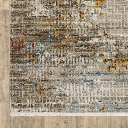 10 x 13 Beige Grey Brown Gold Red & Blue Power Loom Stain Resistant Rug With Fringe