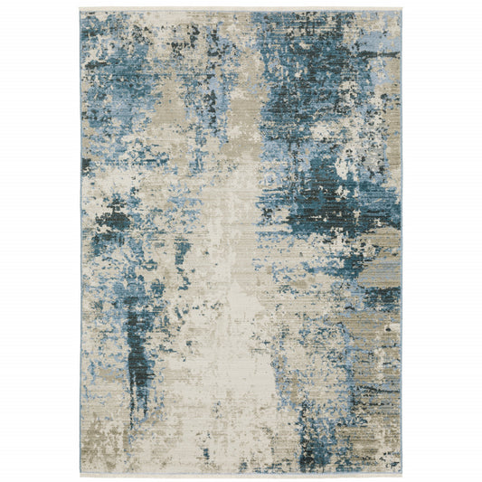 10 x 13 Blue Grey Ivory Light Blue & Dark Blue Power Loom Stain Resistant Rug With Fringe