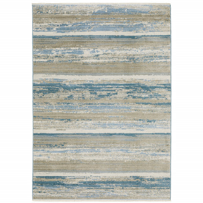 10 x 13 Ivory Beige Grey Blue & Tan Power Loom Stain Resistant Rug With Fringe