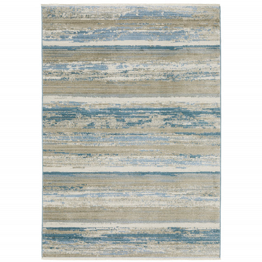 10 x 13 Ivory Beige Grey Blue & Tan Power Loom Stain Resistant Rug With Fringe