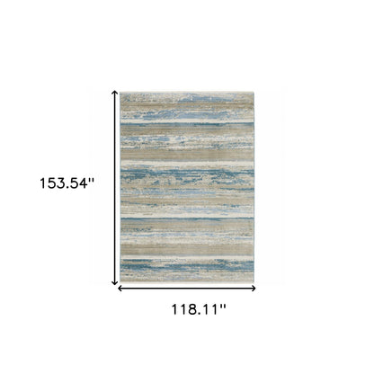 10 x 13 Ivory Beige Grey Blue & Tan Power Loom Stain Resistant Rug With Fringe