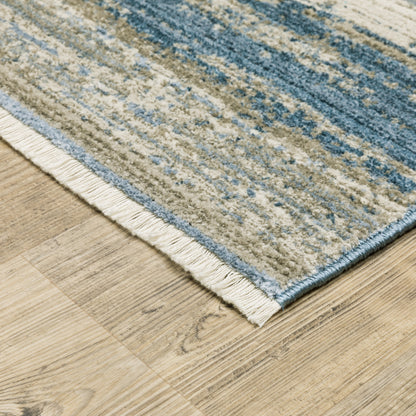 10 x 13 Ivory Beige Grey Blue & Tan Power Loom Stain Resistant Rug With Fringe