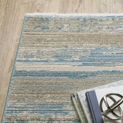 10 x 13 Ivory Beige Grey Blue & Tan Power Loom Stain Resistant Rug With Fringe