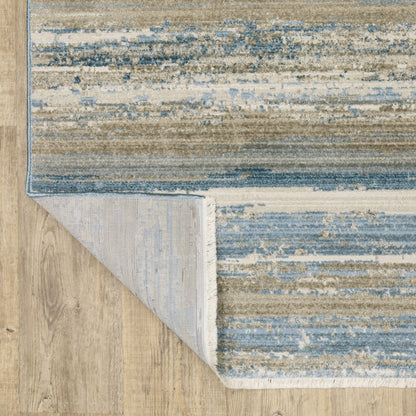 10 x 13 Ivory Beige Grey Blue & Tan Power Loom Stain Resistant Rug With Fringe