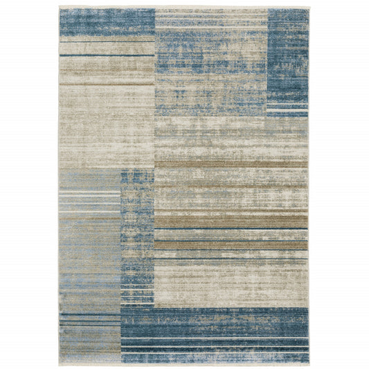 10 x 13 Blue Dark Blue Teal Grey Ivory Beige & Tan Geometric Power Loom Stain Resistant Rug With Fringe