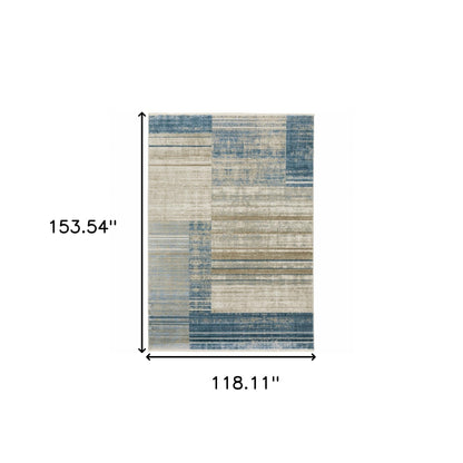 10 x 13 Blue Dark Blue Teal Grey Ivory Beige & Tan Geometric Power Loom Stain Resistant Rug With Fringe