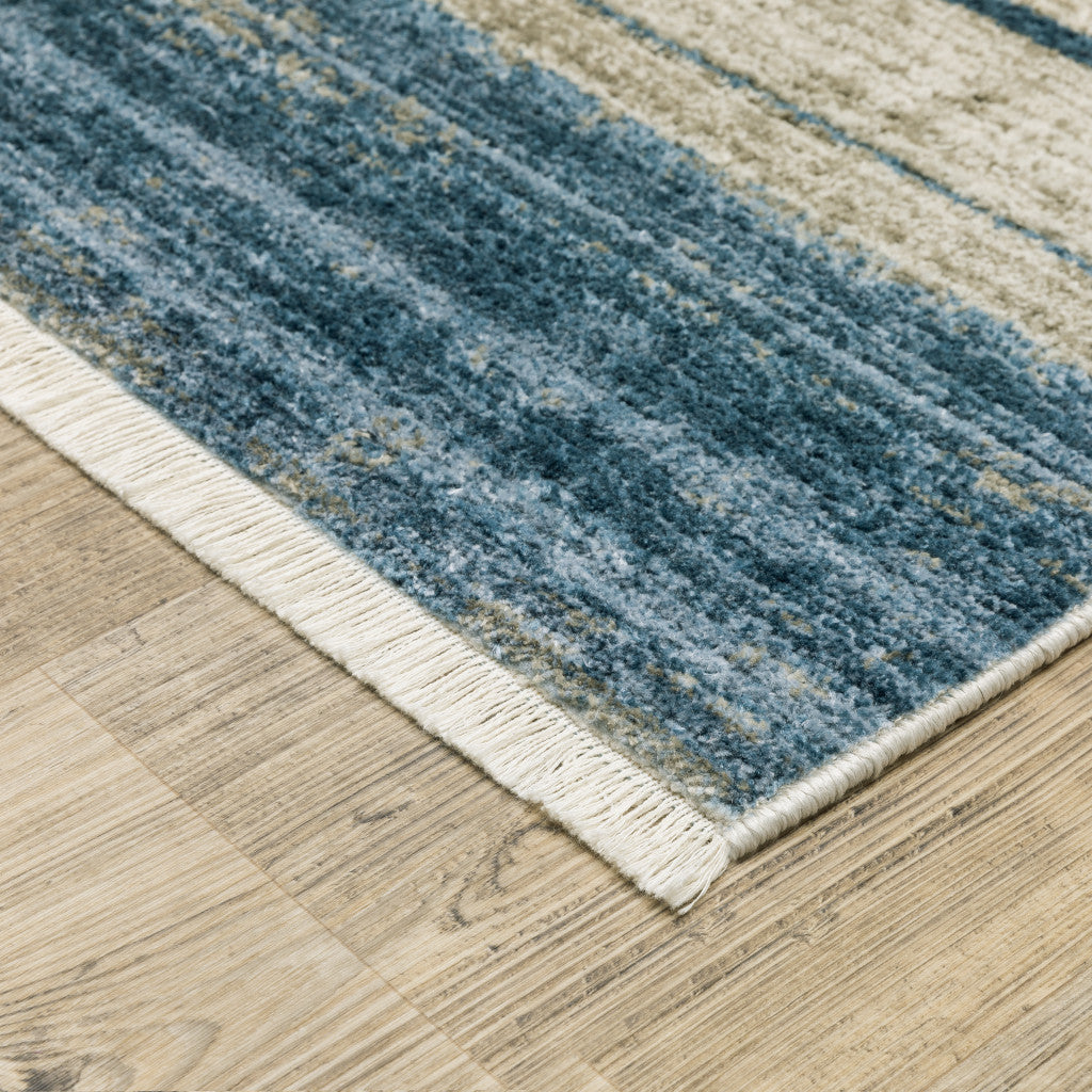 10 x 13 Blue Dark Blue Teal Grey Ivory Beige & Tan Geometric Power Loom Stain Resistant Rug With Fringe