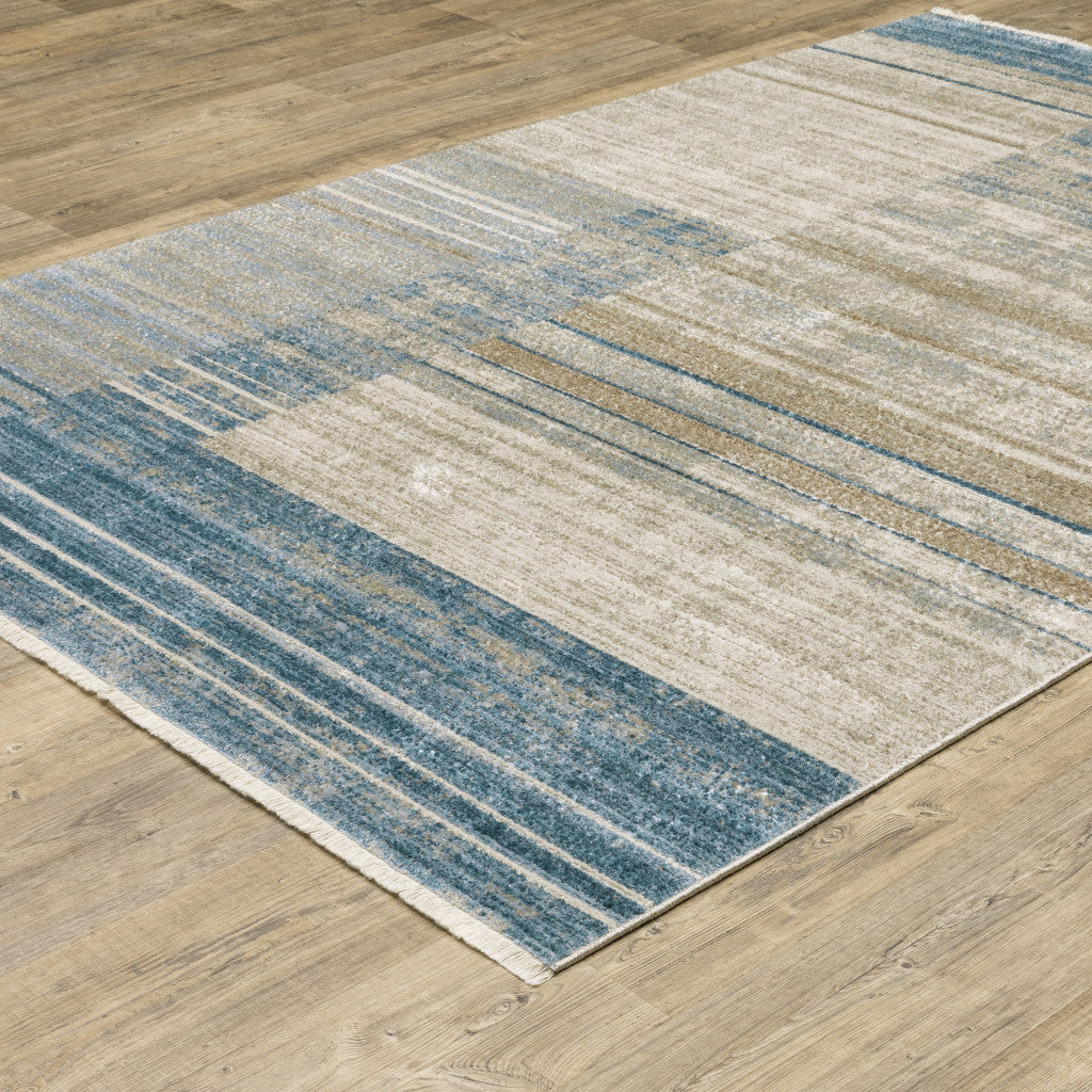 10 x 13 Blue Dark Blue Teal Grey Ivory Beige & Tan Geometric Power Loom Stain Resistant Rug With Fringe